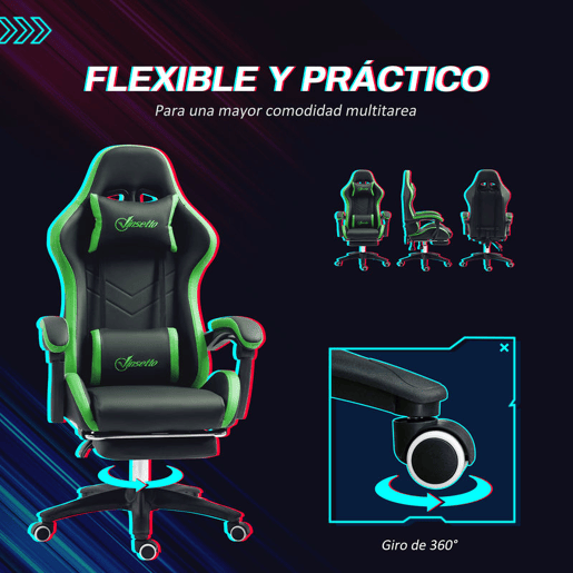 Vinsetto Cadeira Gaming Reclinável até 135° com Suporte Lombar Altura Ajustável Almofada de Cabeça e Apoio para os Pés Retrátil 65x65x121-129 cm Preto e Verde