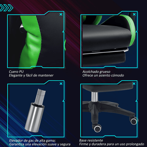 Vinsetto Cadeira Gaming Reclinável até 135° com Suporte Lombar Altura Ajustável Almofada de Cabeça e Apoio para os Pés Retrátil 65x65x121-129 cm Preto e Verde