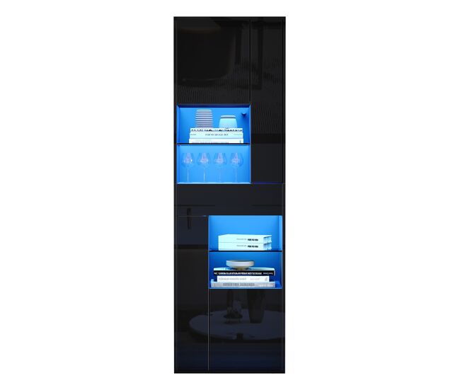 Vitrina + 55x38x170 cm - 1 cajón, 4 puertas, led, alto brillo - negro