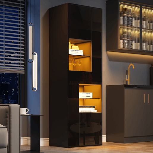 Vitrine + 55x38x170 cm - 1 gaveta, 4 portas, LED, alto brilho - Preto