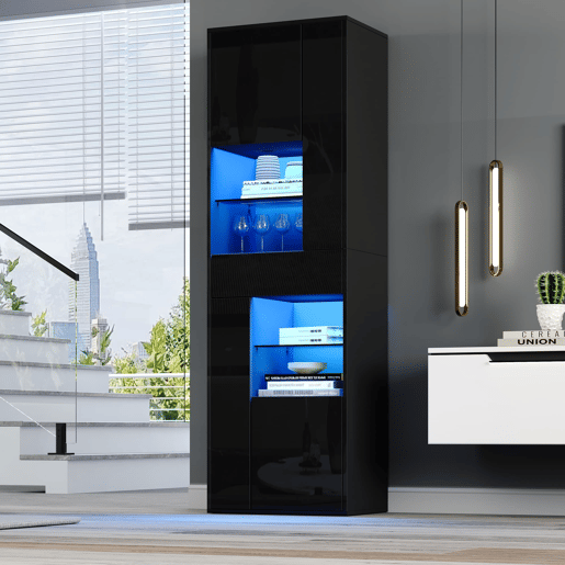 Vitrine + 55x38x170 cm - 1 gaveta, 4 portas, LED, alto brilho - Preto