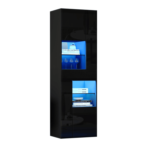 Vitrine + 55x38x170 cm - 1 gaveta, 4 portas, LED, alto brilho - Preto