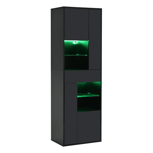 Vitrine + 55x38x170 cm - 1 gaveta, 4 portas, LED, alto brilho - Preto