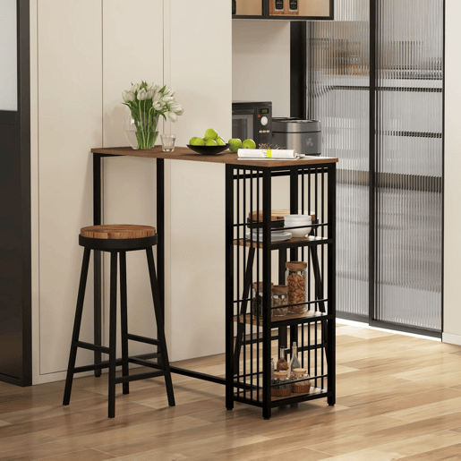 HOMCOM Mesa Alta de Cozinha com 3 Prateleiras Mesa de Bar Retangular para 2 Pessoas Pés de Aço para Sala Sala de Jantar 120x40x105 cm Castanho e Preto