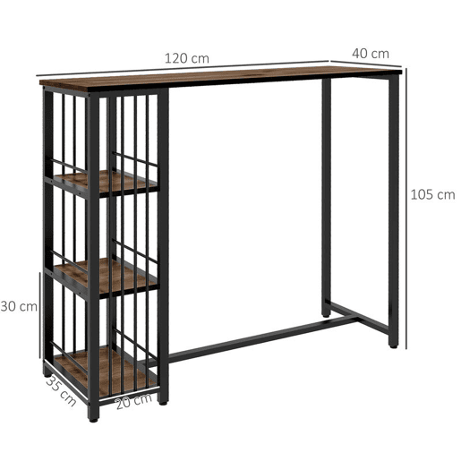 HOMCOM Mesa Alta de Cozinha com 3 Prateleiras Mesa de Bar Retangular para 2 Pessoas Pés de Aço para Sala Sala de Jantar 120x40x105 cm Castanho e Preto