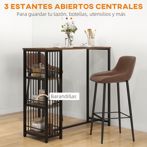 HOMCOM Mesa Alta de Cozinha com 3 Prateleiras Mesa de Bar Retangular para 2 Pessoas Pés de Aço para Sala Sala de Jantar 120x40x105 cm Castanho e Preto