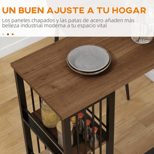 HOMCOM Mesa Alta de Cozinha com 3 Prateleiras Mesa de Bar Retangular para 2 Pessoas Pés de Aço para Sala Sala de Jantar 120x40x105 cm Castanho e Preto