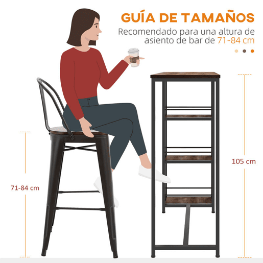 HOMCOM Mesa Alta de Cozinha com 3 Prateleiras Mesa de Bar Retangular para 2 Pessoas Pés de Aço para Sala Sala de Jantar 120x40x105 cm Castanho e Preto