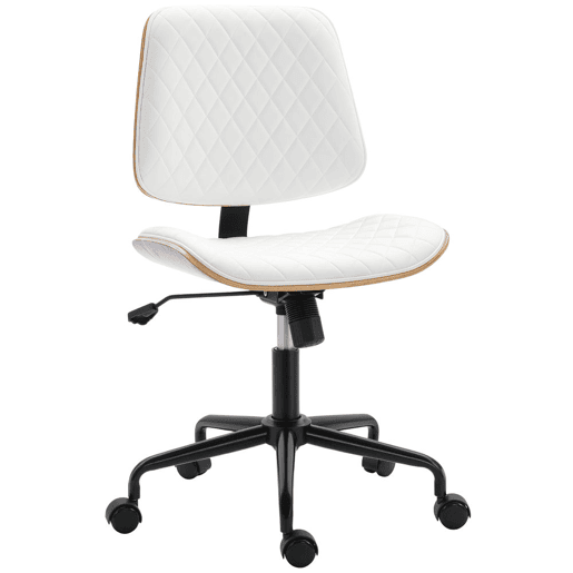 HOMCOM Cadeira de Escritório sem Apoios de Braço, Giratória, Revestida em Couro Sintético, com Encosto Curvado, Assento em Forma de U, Altura Regulável, Basculante, Cadeira de Maquilhagem, Branco