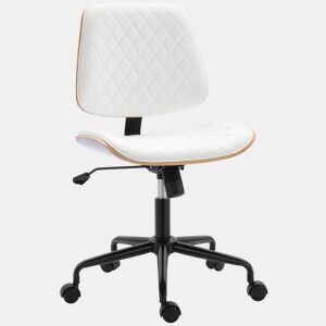 HOMCOM Cadeira de Escritório sem Apoios de Braço, Giratória, Revestida em Couro Sintético, com Encosto Curvado, Assento em Forma de U, Altura Regulável, Basculante, Cadeira de Maquilhagem, Branco