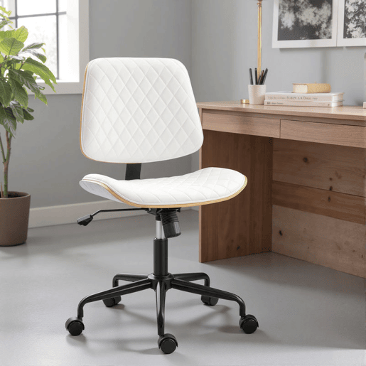 HOMCOM Cadeira de Escritório sem Apoios de Braço, Giratória, Revestida em Couro Sintético, com Encosto Curvado, Assento em Forma de U, Altura Regulável, Basculante, Cadeira de Maquilhagem, Branco