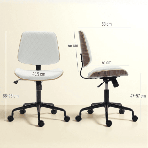 HOMCOM Cadeira de Escritório sem Apoios de Braço, Giratória, Revestida em Couro Sintético, com Encosto Curvado, Assento em Forma de U, Altura Regulável, Basculante, Cadeira de Maquilhagem, Branco