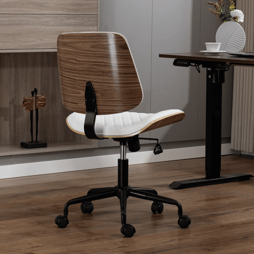 HOMCOM Cadeira de Escritório sem Apoios de Braço, Giratória, Revestida em Couro Sintético, com Encosto Curvado, Assento em Forma de U, Altura Regulável, Basculante, Cadeira de Maquilhagem, Branco