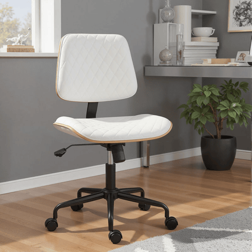 HOMCOM Cadeira de Escritório sem Apoios de Braço, Giratória, Revestida em Couro Sintético, com Encosto Curvado, Assento em Forma de U, Altura Regulável, Basculante, Cadeira de Maquilhagem, Branco