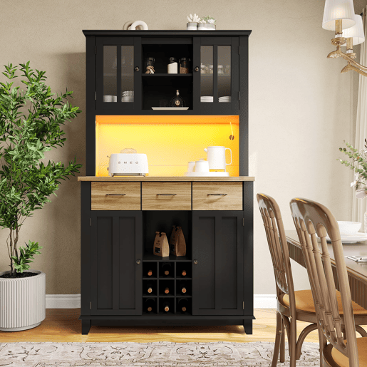 Aparador 106 x 40 x 179,5 cm - Vitrina com prateleiras ajustáveis e LED - Preto