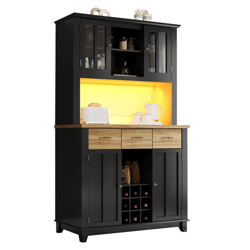 Aparador 106 x 40 x 179,5 cm - Vitrina com prateleiras ajustáveis e LED - Preto