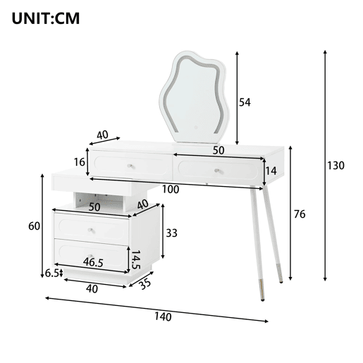 Tocador 140x40x130 cm - LED, 4 gavetas e prateleira aberta - Branco