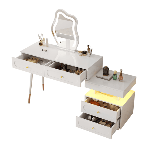 Tocador 140x40x130 cm - LED, 4 gavetas e prateleira aberta - Branco