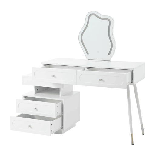 Tocador 140x40x130 cm - LED, 4 gavetas e prateleira aberta - Branco
