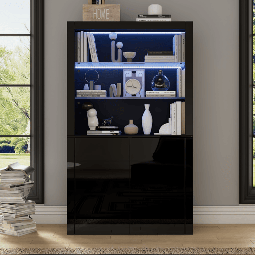 Vitrine 100x35x170 cm - Highboard com LED, 2 portas e prateleiras de vidro - Preto