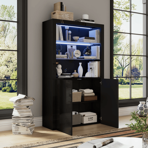 Vitrine 100x35x170 cm - Highboard com LED, 2 portas e prateleiras de vidro - Preto
