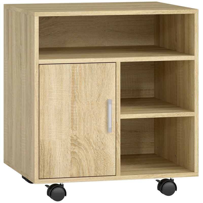 Homcom mueble para impresora con ruedas, soporte de impresora con compartimentos abiertos y puerta, para oficina, hogar, estudio, 60x50x65,5 cm, natural