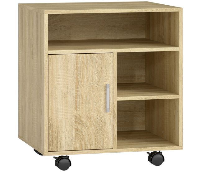 Homcom mueble para impresora con ruedas, soporte de impresora con compartimentos abiertos y puerta, para oficina, hogar, estudio, 60x50x65,5 cm, natural