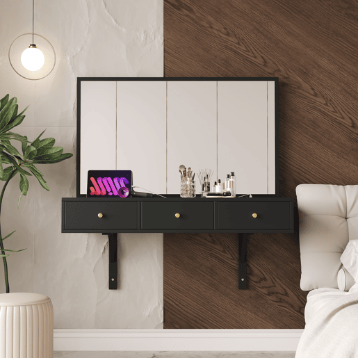 Penteadeira suspensa 100x105x45 cm - 3 gavetas, espelho, tomadas, suporte para tablet e bebida - Preto