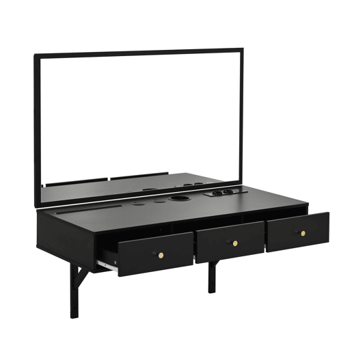 Penteadeira suspensa 100x105x45 cm - 3 gavetas, espelho, tomadas, suporte para tablet e bebida - Preto