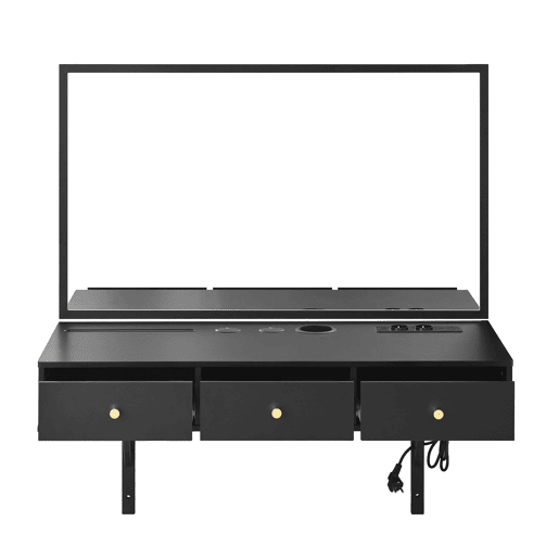 Penteadeira suspensa 100x105x45 cm - 3 gavetas, espelho, tomadas, suporte para tablet e bebida - Preto