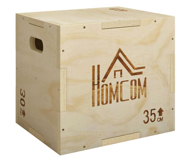 Homcom cajón pliométrico de madera 3 en 1, plataforma de caja pliométrica con 3 alturas diferentes, 2 mango hueco, entrenamiento de salto, fuerza,