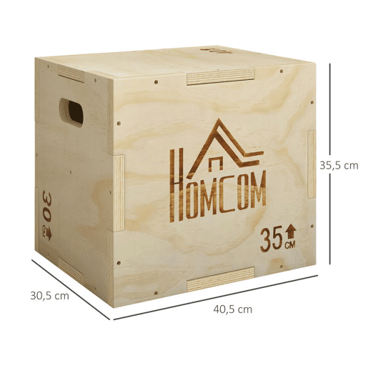 HOMCOM Caixa Pliométrica de Madeira 3 em 1 Plataforma de Caixa Pliométrica com 3 Alturas Diferentes 2 Pegas Treino de Salto Força para Casa Ginásio e Exterior 40,5x35,5x30,5 cm Madeira