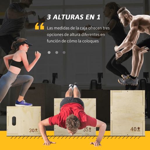 HOMCOM Caixa Pliométrica de Madeira 3 em 1 Plataforma de Caixa Pliométrica com 3 Alturas Diferentes 2 Pegas Treino de Salto Força para Casa Ginásio e Exterior 40,5x35,5x30,5 cm Madeira