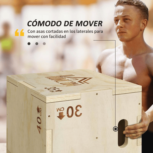 HOMCOM Caixa Pliométrica de Madeira 3 em 1 Plataforma de Caixa Pliométrica com 3 Alturas Diferentes 2 Pegas Treino de Salto Força para Casa Ginásio e Exterior 40,5x35,5x30,5 cm Madeira