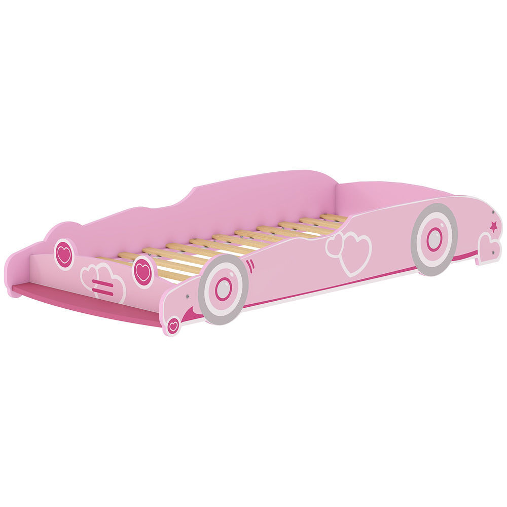 Aiyaplay cama infantil 70x140 cm, forma de coche, cama para niños con barrera anticaídas y somier, para niños y niñas de 3-5 años, rosa
