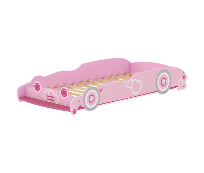 Aiyaplay cama infantil 70x140 cm, forma de coche, cama para niños con barrera anticaídas y somier, para niños y niñas de 3-5 años, rosa