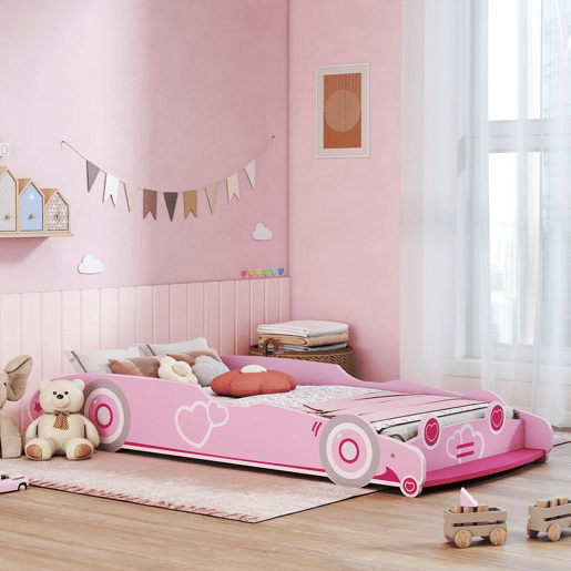 AIYAPLAY Cama Infantil 70x140 cm em Forma de Carro com Barreira de Proteção e Estrado para Crianças de 3-5 Anos Rosa