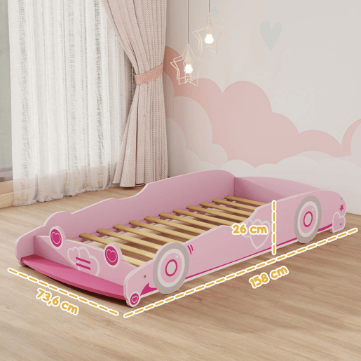 AIYAPLAY Cama Infantil 70x140 cm em Forma de Carro com Barreira de Proteção e Estrado para Crianças de 3-5 Anos Rosa