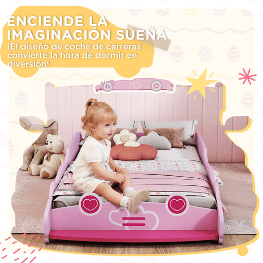 AIYAPLAY Cama Infantil 70x140 cm em Forma de Carro com Barreira de Proteção e Estrado para Crianças de 3-5 Anos Rosa