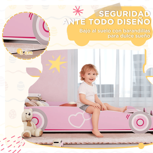 AIYAPLAY Cama Infantil 70x140 cm em Forma de Carro com Barreira de Proteção e Estrado para Crianças de 3-5 Anos Rosa