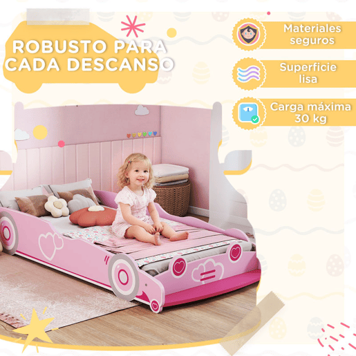 AIYAPLAY Cama Infantil 70x140 cm em Forma de Carro com Barreira de Proteção e Estrado para Crianças de 3-5 Anos Rosa