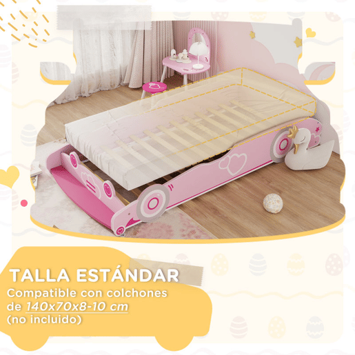 AIYAPLAY Cama Infantil 70x140 cm em Forma de Carro com Barreira de Proteção e Estrado para Crianças de 3-5 Anos Rosa