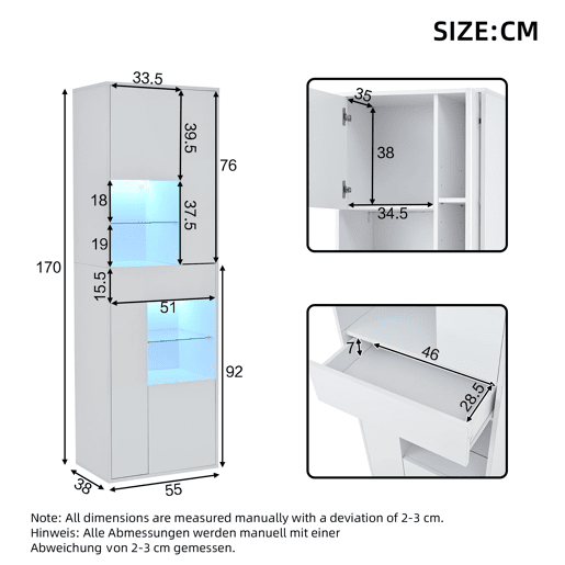 Vitrine de venda + 55x38x170 cm - 1 gaveta, 4 portas, LED, alto brilho - Branco