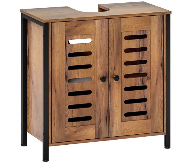 Homcom mueble bajo lavabo, mueble de baño industrial, 2 puertas de lamas con cierre magnético, estante ajustable, para lavabos sin pedestal, 60x30x60 cm, marrón rústico