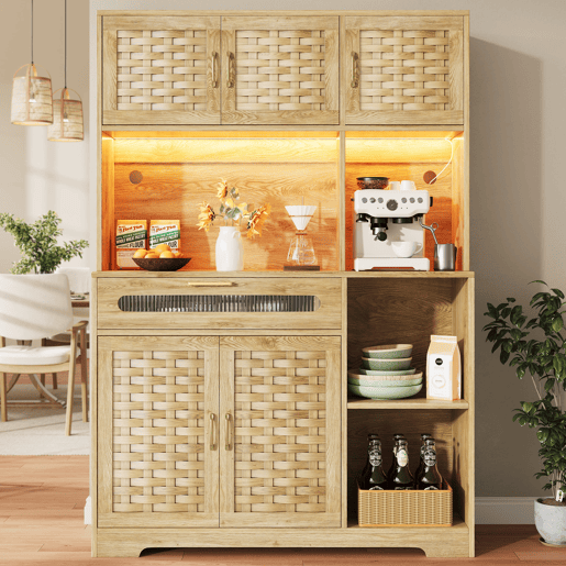 Aparador 120x40x180 cm - Com portas em MDF tecido, com iluminação LED - Natural