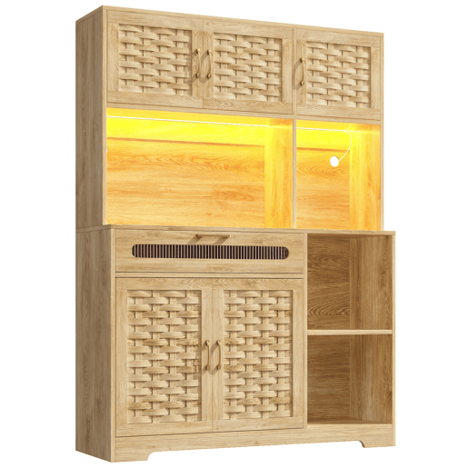Aparador 120x40x180 cm - Com portas em MDF tecido, com iluminação LED - Natural