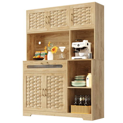 Aparador 120x40x180 cm - Com portas em MDF tecido, com iluminação LED - Natural