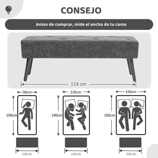 HOMCOM Banco de Pé de Cama Multifuncional Banco Pé de Cama Clássico Banco Dormitório com Pés de Madeira e Assento Acolchoado Carga 120 kg para Entrada Corredor 114x38x42 cm Cinza