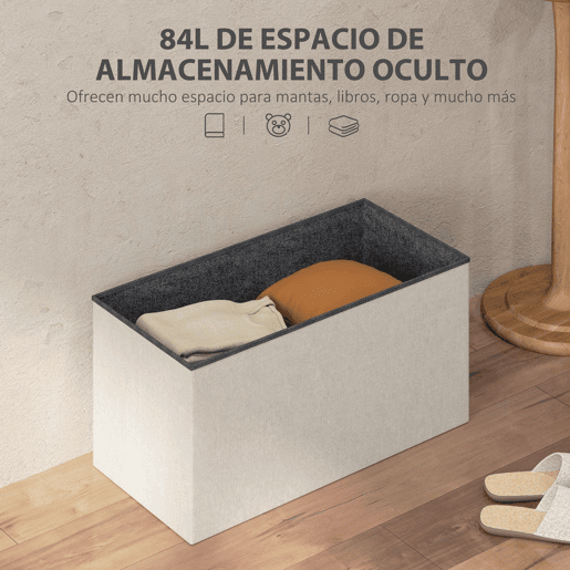 HOMCOM Banco com Armazenamento 84 L Banco de Arrumação Dobrável 76x38x38 cm Estofado em Linho Sintético Baú de Arrumação Capacidade 120 kg Banco para Sala de Estar Quarto Entrada Creme
