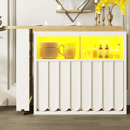 Mesa de bar extensÃvel 135-205x39x100 cm - Mesa de bar moderna com LED, portas com riscas, branca Mesa de bar extensÃvel 135-205x39x100 cm - Mesa de bar moderna com LED, portas com riscas, branca